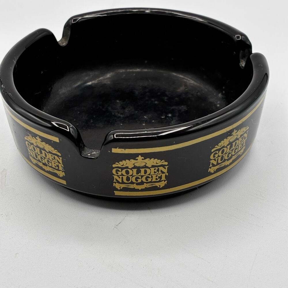 Vintage Golden Nugget Casino Ashtray Black & Gold Ceramic Tobacciana Las Vegas